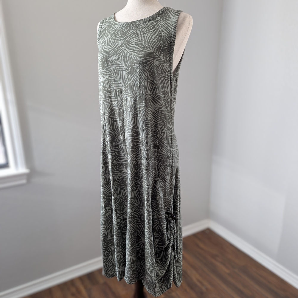 Kaktus Leaf Print Midi Dress Coastal Grandma Beachy Vacation Cruise Lagenlook - Picture 2 of 15